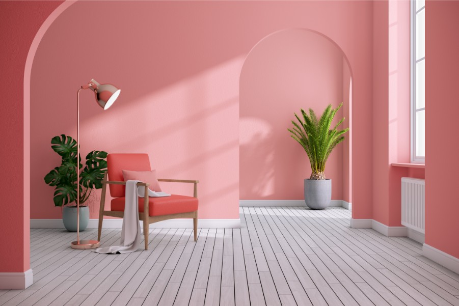 living room with hot pink walls