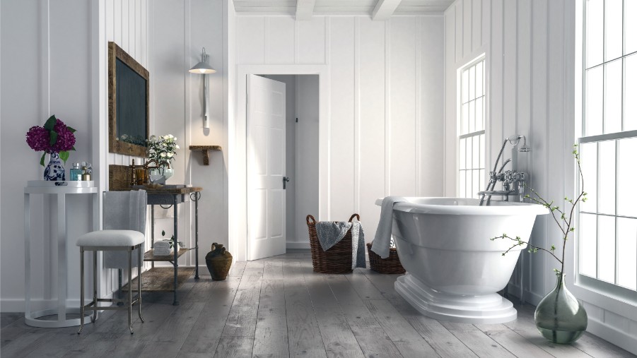 white painted paneling bathroom