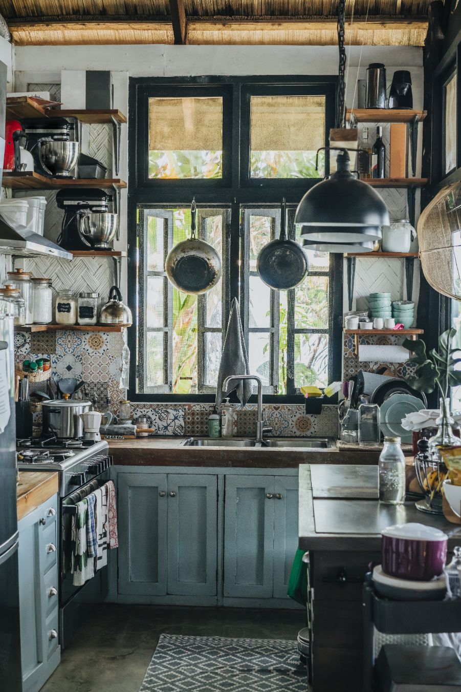 blue cabinets rustic kitchen