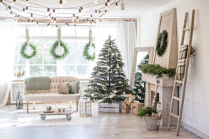 Natural wood and green holiday home decor